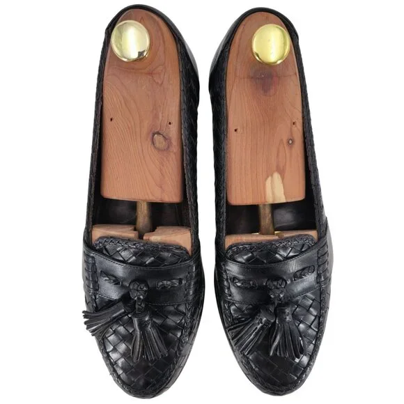 Vintage Bragano Cole Haan Italy Black Woven Leather Tassel Loafer Dress Shoes 8M - Picture 10 of 11